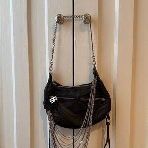Sonia Rykiel Black Leather Moto Chain Shoulder Bag